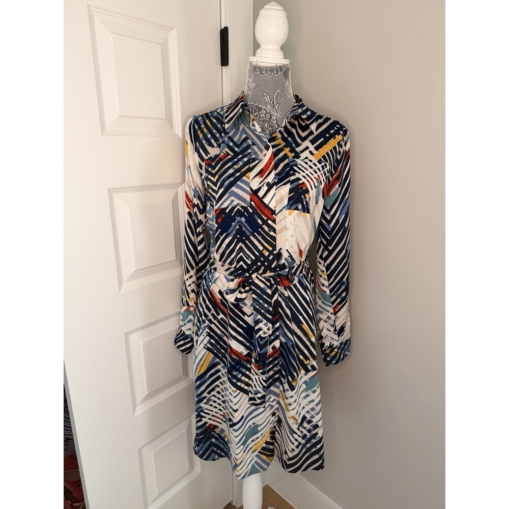 Ann Taylor Abstract Print Shirt Dress Womens Long Sleeve Tie Waist Size Small S